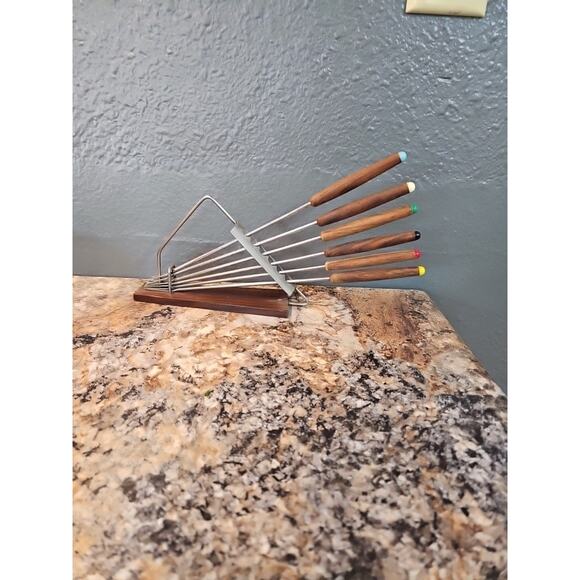 Mid-century Fondue Skewers Forks With Holder wood Handles & Base Retro Japan MCM - Picture 9 of 10